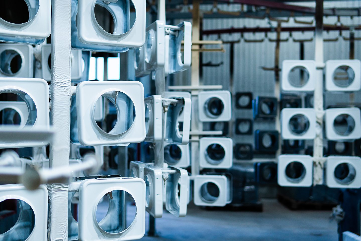 Metal details on hooks after powder painting and surface preparation